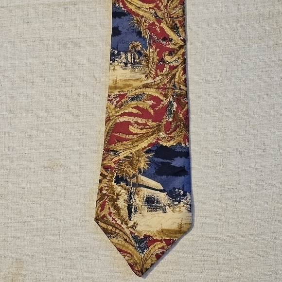 Vintage Guy Laroche Red Blue Brown Leaf Print Men’s Silk Tie Classic USA - Picture 2 of 6